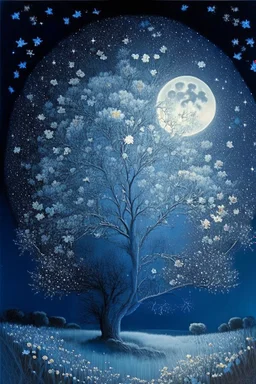 a background of softly blended blues, greys, silvers, and whites with distant, twinkling stars in the sky, an a perfectly round moon casting a soft glow of light on a foreground of a field of various flowers surrounding a tree of life