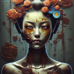 an abstract painting of rusted metal and flowers, Geisha portrait, rust, scaffolding, iron cladding, decay, mixed media, textured, anatomically correct, beautiful perfect face,perfect eyes, sharp focus, highly detailed 8k