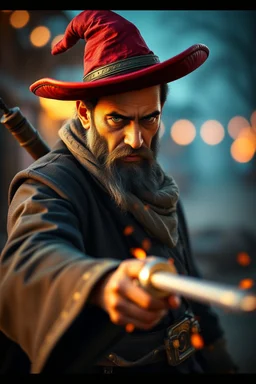 Mexican stand off fast draw cowboy wizard wand slinger ,bokeh like f/0.8, tilt-shift lens 8k, high detail, smooth render, down-light, unreal engine