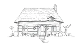 A front elevation fine line drawing of a fantasy wooden cottage reminiscent of the Burrow from Harry Potter