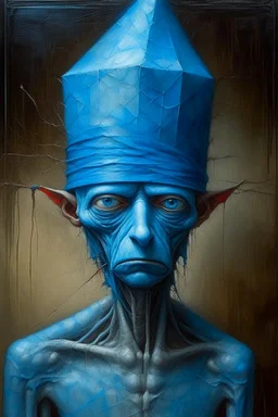 A strange and gloomy stick man with a blue plastic bag on his head. Surrealism, figurative painting with elements of the Bauhaus style. Intense textures.