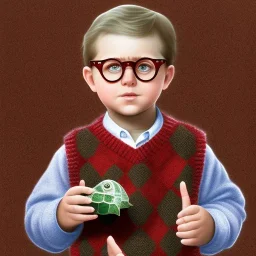 Peter billingsley chubby kid Tortoise-shell glasses, Holding a ((dark red soapbar)) in his hand, brown argyle sweater