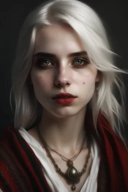 Realistic realism portrait young erin wagner White hair Red eyes fair skin ancient robe distanti look disdain superiority despise think lips White lips Red eyes high cheeckbones high cheeckbones emacieted
