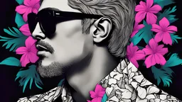 a man wearing sunglasses and a floral shirt, high quality portrait, editorial photograph, cool face, beksinsky, official artwork, enes dirig, nekro petros afshar, neon operator, sythwave, editorial image, atmoshperic, deiv calviz, near future, very high contrast, profile image, cool looking, wearing shades