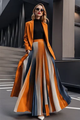 full body Spring 2024 Women's Pleated Skirt Fashion and Color,modern city scape,