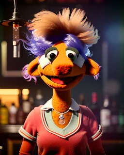 Pub scene, hybrid character, waitress woman with monster muppet mask that covers her entire head, retro style, Sesame Street style, smooth, unreal engine 5, god lights, ray tracing, RTX, lumen lighting, ultra detail, volumetric lighting, 3d.