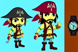 Cartoony Captain Jack Sparrow, showing his cool expensive wrist watch, Legend Of Zelda: Wind Waker style, stylized, colorful, adventurous.