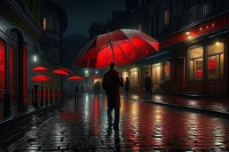 a man under a red umbrella, it's raining hard, it's night, lights from shops and a nearby hotel, cobblestone floor, city square, 16K, realistic photography