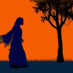 silhouette d'indienne en sari dans un monde en fleurs, concept art, crépuscule , bleu oranger