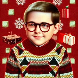 Peter billingsley chubby kid Tortoise-shell glasses, Holding a ((dark red soap bar)) in his hand, brown argyle sweater, Christmas