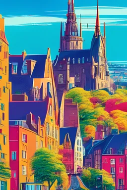 Illustration of Edinburgh, vivid colors, details, realistic