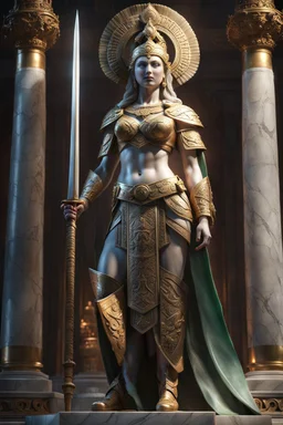 highly detailed marble and jade statue on a plint of the goddess of war. She is clad in plate mail, caries a roman spear in her left hand and a shield in her right hand. stunning body. full body shot, Hyperrealism, breathtaking, ultra realistic, unreal engine, ultra detailed, volumetric fog, cinematic lighting, , stunning temple environment