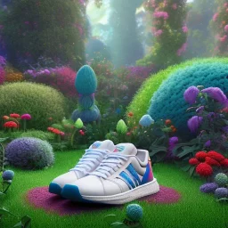 Play doh style, pixar style, volumetric summer garden environment and background, hyper realistic painting of adidas sneaker, looking excited, volumetric lighting, dramatic lighting, detailed digital painting, anime, ornate, colour-saturated colors, chaotic, small minutiae, tiny features, particulars, centered, smooth, sharp focus, renderman gofur render, 8k, uhd, detailed eyes, realistic shaded volumetric lighting, sunlight caustics, backlight, centered camera view