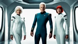 Photorealistic picture of a man in a flight suit with two tall, slender female androids in biosuits, one with red hair and one with white hair, standing on the bridge of a star trek style spaceship.