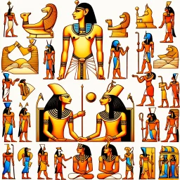 a super-realistic image representing all of the Egyptian gods mentioned below: Hapi, Heqet, Set, Geb, Uatchit, Hathor, Apis, Sekhmet, Nut, Osiris and Ra. The scene should capture the essence and majesty of each of these gods, displaying them in a harmonious composition that highlights both their individual characteristics and their connection to Egyptian mythology. Hapi could be represented with jugs of water, Heqet with a woman's body and a frog's head emanating vital energy, Set with his chara