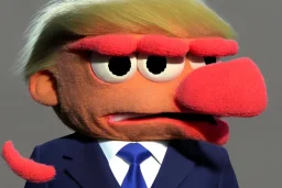 Angry muppet trump in a suit with a spray tan, No tongue. Wearing a MAGA cap