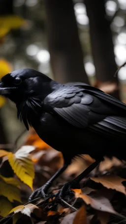 Image of the crow rummaging through leaves or branches, discovering food.