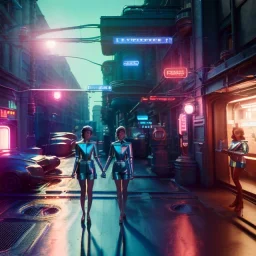 Ultra Realistic scene, retro futuristic style, 1960 fashion sci-fi. 2 cyber Women, shopping, smile, happy. Clean city, highly detailed, concept art, unreal engine 5, ray tracing, RTX, lumen lighting, ultra detail, volumetric lighting, 3d, finely drawn, high definition, high resolution.