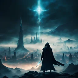 Dark oriental Sinister alien landscape. A futuristic city in the distance. some Dark mist. Dark hooded Man with The powers of a god. He is aiming pointing a glowing wand at the sky.