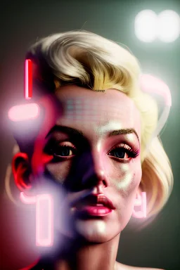 Ultra Realistic image, portrait, blonde woman, sweet Marylin Monroe face, perfect iris, glow eyes, glow makeup. Cyberpunk style, latex coat, fog, rain, soft color, highly detailed, unreal engine 5, ray tracing, RTX, lumen lighting, ultra detail, volumetric lighting, 3d, finely drawn, high definition, high resolution.