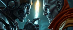 Close-up confrontation throat grip, between an ancient alien outcast leader biker and a space broker, standing only a meter apart, intense eye contact, glowing crystalline rod between them, anger mixed with sadness, dramatic facial expressions, shallow depth of field, cinematic lighting, stylized 3D anime, airbrush painting, crisp outlines, escher , rembrandt and hr giger