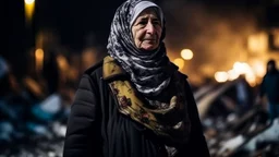 Palestinian old woman wears the keffiyeh , Carrying a small city ,at winter , Destroyed Buildings , with a Explosions, at night