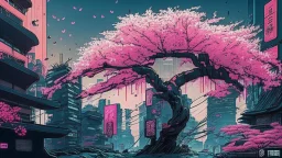 Japanese cherry blossom, in cyberpunk city, comic style,