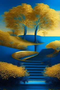 garden sky field trees river pools gold gold blue stairs