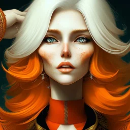 fantasy setting, woman, two-toned streaked orange and white hair, wavy hair, freckles, ranger, more white hair, more orange hair,