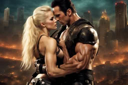 Jason David Frank as very muscular dark haired man hugging pretty blond haired woman, photo realistic, dark fantasy, cityscape