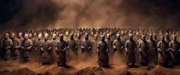 Hyper Realistic Photographic Middle Angle View of The Terracotta Army of the First Emperor of China at dark night with heavy sandstorm showing dramatic & cinematic ambiance