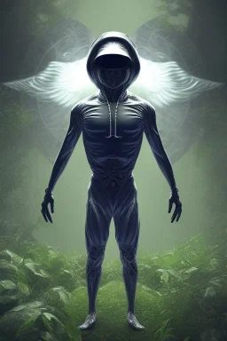 running alien portrait , black jogging suite , in the night Alps , holding leaves and coins , angels background, volumetric light, high detail, dark leaf tree, dark mountains in background, perfect, HR Giger style