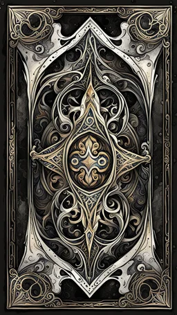 create a full color, ink wash and watercolor, ornate abstract expressionist arabesque style bordered symmetric playing card template on a black background