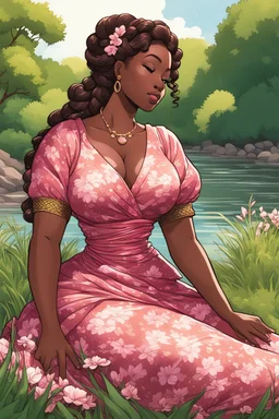 An comic book art illustration of a curvy black cartoon woman sitting relaxed on a sunny riverbank, lush green grass surrounding her. Facing left in profile, she has flowing chestnut hair styled in an elaborate braided twist. complementing the pink floral maxi dress wrapped snugly around her exaggerated curves. One hand touches her cheek lightly as she looks to the distance, brown eyes enhanced by long lashes and purple eyeshadow. Bold brown lips match the brown flowers on her dress
