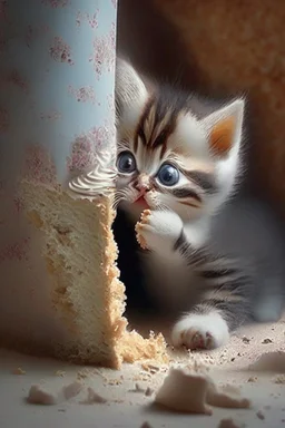 baby kitten hiding eating cake