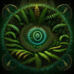 realistic image like a photo of fractal mandala with ferns muschrooms forest