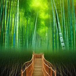 photo of intricate, realistic bamboo forest with endless wooden walkway, 8k, high-quality, ultrafine-detail, intricate, detailed matte, digital painting, artwork, brian froud, howard lyon, selina french, anna dittmann, annie stokes, Greg Rutowski