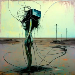 Dystopian future women twisted body with retro monitor head and handing wires. In desolate landscape. With a concrete decaying block. Abstract oil painting in style of Justin Mortimer.