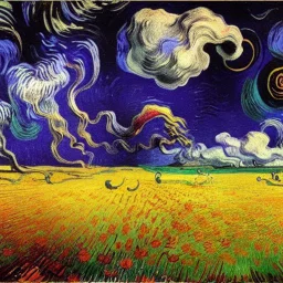 collaboration between Salvador Dali, Vincent Van Gogh, and Jean Baptiste Monge. Swirling rainbow storm clouds over a vast field of long grass and plentiful flowers swaying in the winds.