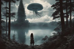 A skinny woman with a Cleopatra hairstyle, short skirt, and knee-high boots, looking out over a lake, in an alien forest, with tall cloud trees, flying Portuguese men of war with octopus tentacles