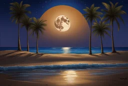 Full moon through palm trees, sandy beach, reflection in the ocean