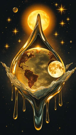 art illustration in the style of Luis Royo, large droplets of viscous and syrupy fluid, burnished jade, planet earth in crystal shape with the golden sun and crystal white transparent moon , and glowing stars in the background with golden yellow, ink black