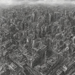 pencil sketch of destroyed city bird view