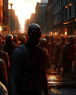 hundreds of non-anatomically correct ,human undead packed tightly together moving through a city street like a glacier, unusual neon lighting, high velocity, 64k, dystopian, vray, photo-realistic, insanely meticulous, highly detailed, part of a collection of zombie horde on display, 64k, dystopian, vray, fire, buildings burining, destruction