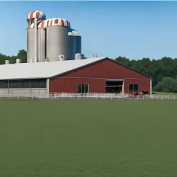 a modern Dairy barn in front of concrete dairy siloes, grass bottom front with a Holstein cow(1).