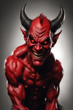 Realistic malevolent smiling devil leaning forward at an angle, posed as if over a person's shoulder, red skin, horror style, no other person.