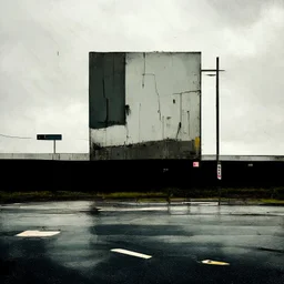 Minimal contemporary abstract oil paintings of desolate 1960s carpark with road markings and concrete fragments. Overlay with grungy typography graphics. style of Justin Mortimer and Francis Bacon.