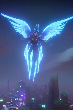 A flying angel over the tall buildings in a city at deep blue night.