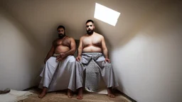 full figure shot photography of two arab prisoners in cell sitting on the edge of a bed talking, muscular hairy chubby 45 years old,long beard, low lights, misery and poverty, in undershirt and boxers, little light enters from a skylight above, lights from above, photorealistic, ambient occlusion, front view from below