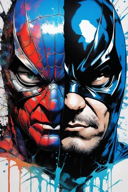 Poster in two gradations, split in half, one side "spiderman", other side "batman", midline of the face, painting by Yoji Shinkawa, solid, pastel and splash colours, detailed iridescent, metallic, translucent, dramatic lighting, hyper futuristic, digital art,